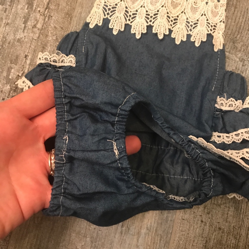 Denim ruffled romper with lace detail. - Picture 4 of 4